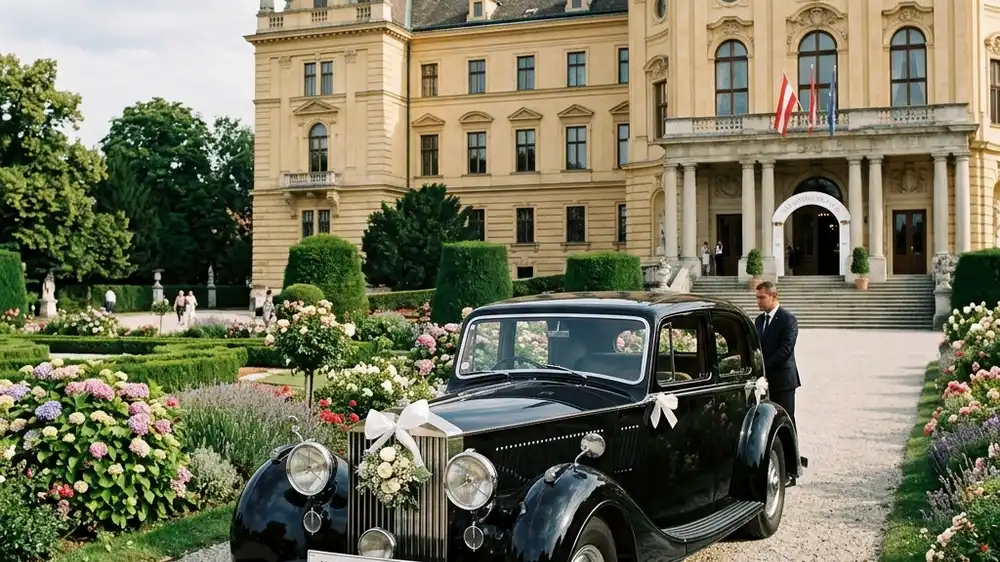 Wedding chauffeur vehicle for a Vienna to Bratislava cross-border wedding transfer