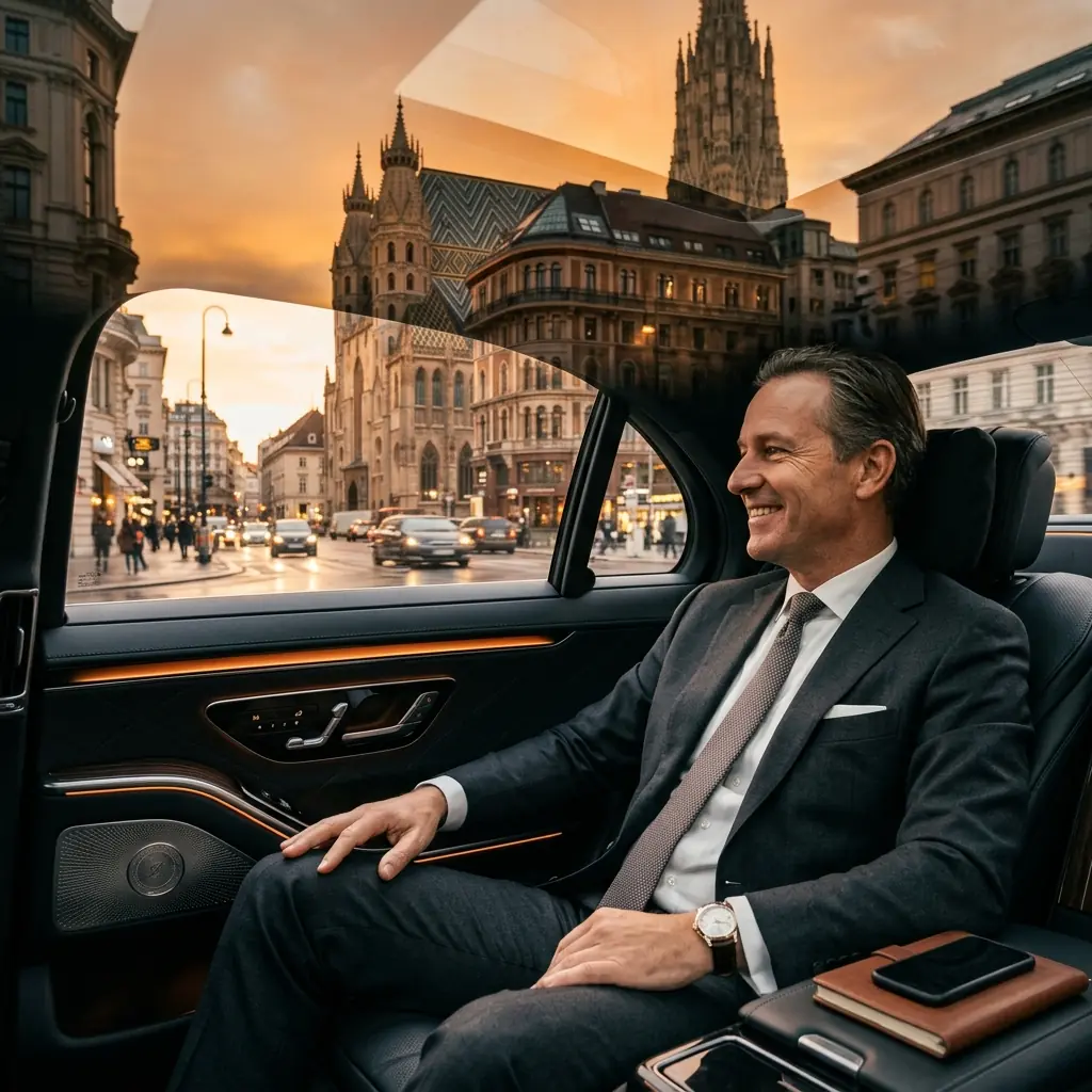 Client relaxing in a luxury chauffeur sedan in Vienna